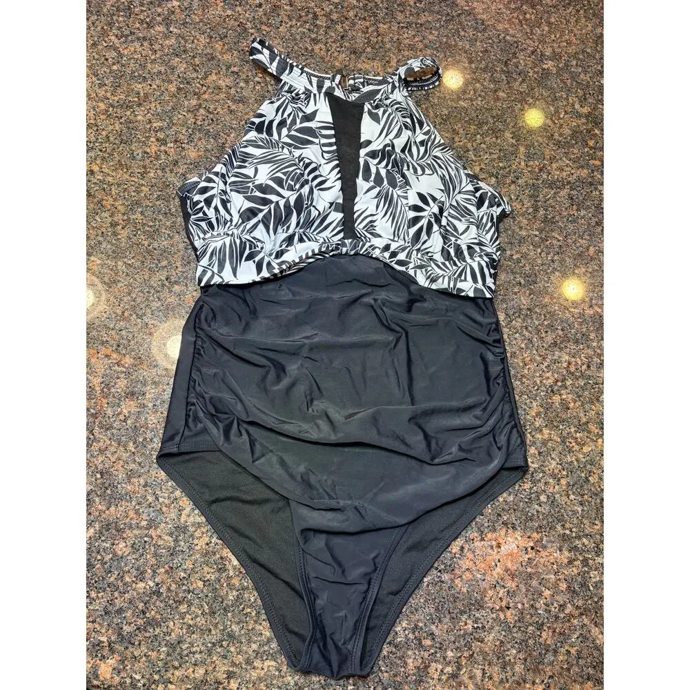 Tempt Me Black White One Piece High Neck Tummy Control Bathing Suit Size M NWT - Picture 14 of 16